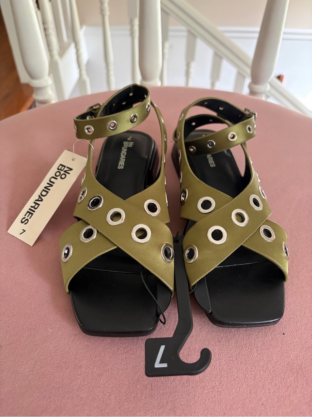 No Boundaries Olive Ankle-Strap Grommet Flat Sandal - Picture 7 of 8